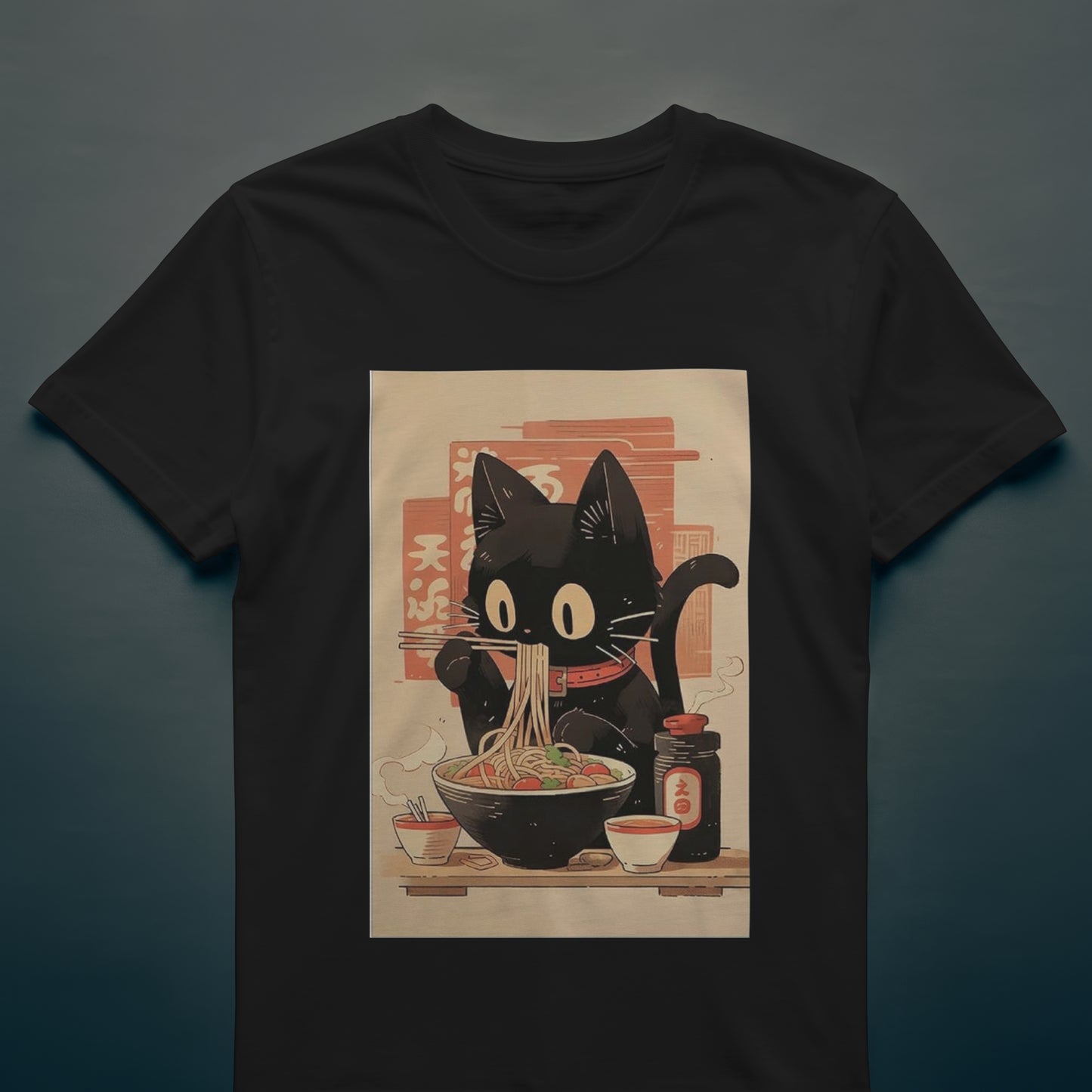 Noodle Kitty Ramen Cat T-Shirt | Cute Black Cat Eating Noodles Anime Style Tee