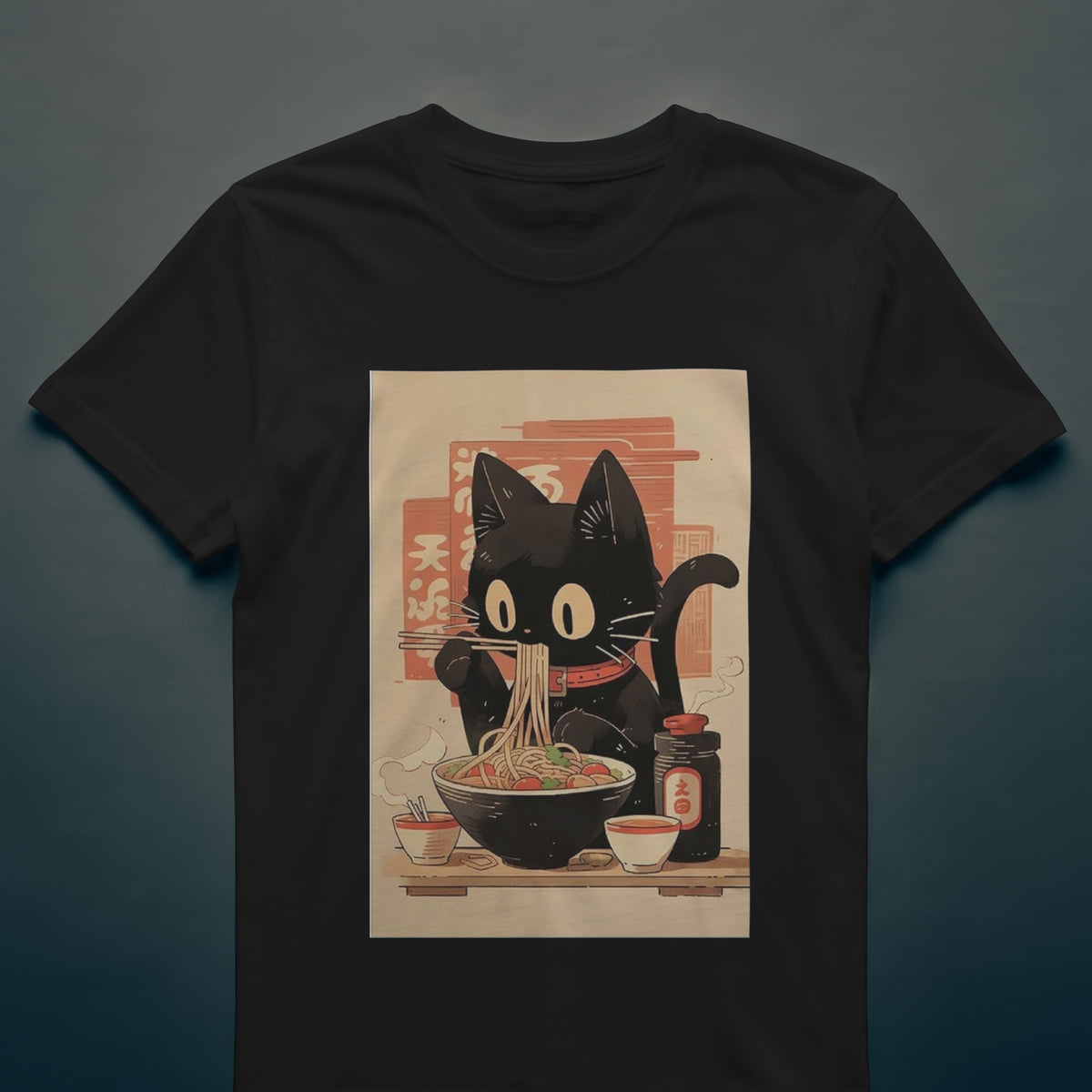 Noodle Kitty Ramen Cat T-Shirt | Cute Black Cat Eating Noodles Anime Style Tee