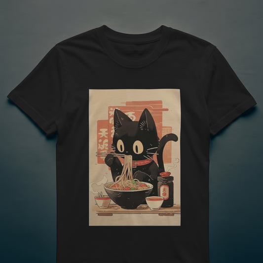 Noodle Kitty Ramen Cat T-Shirt | Cute Black Cat Eating Noodles Anime Style Tee